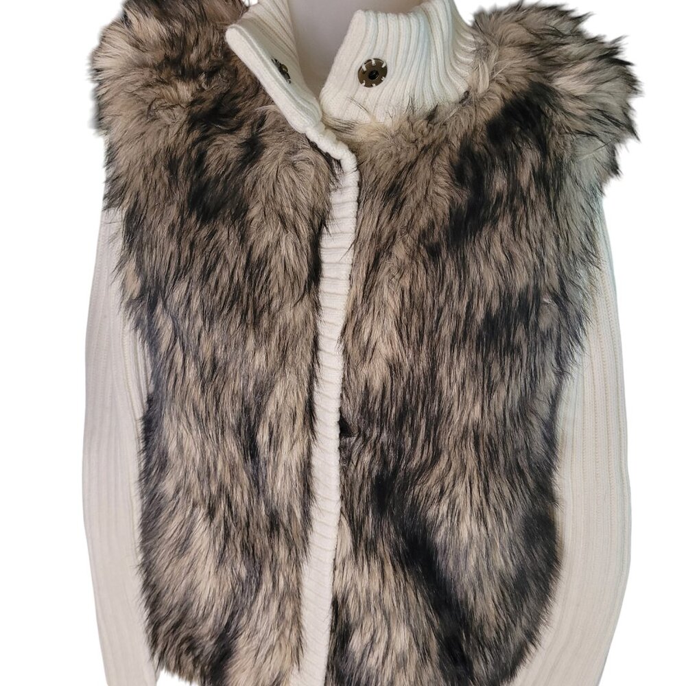 Michael Kors Fur Sweater Jacket Faux fur Cream Brown Button Up Lined Sz M - Picture 3 of 8